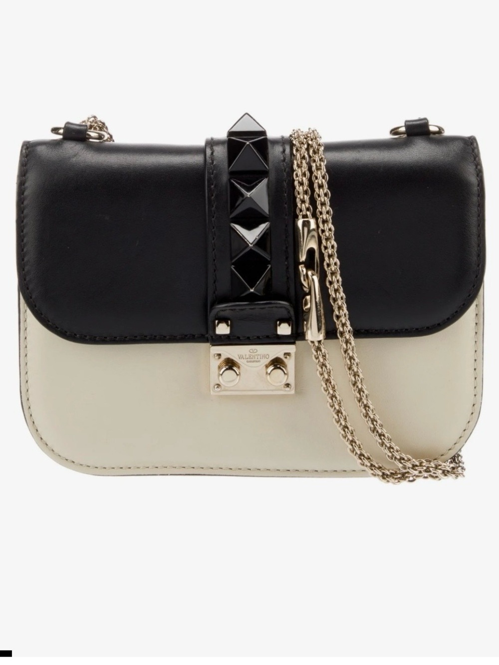 Valentino Black and Cream Leather Shoulder Bag with Gold Chain